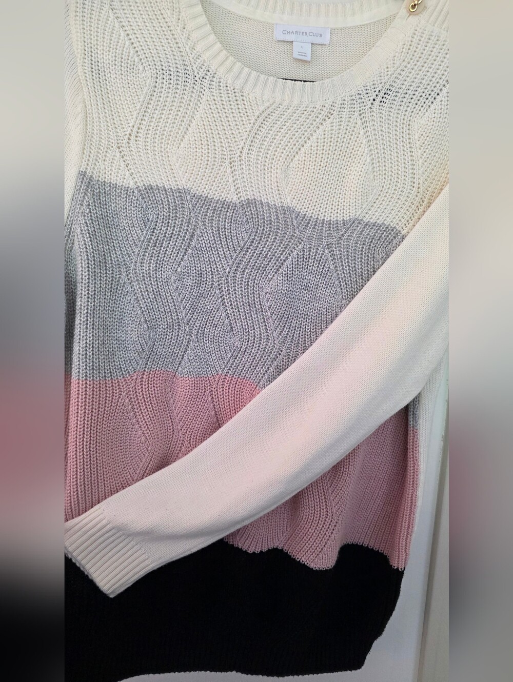 Charter Club Cream, Gray, Pink & Black Cable Knit Colorblock Sweater - Picture 3 of 3